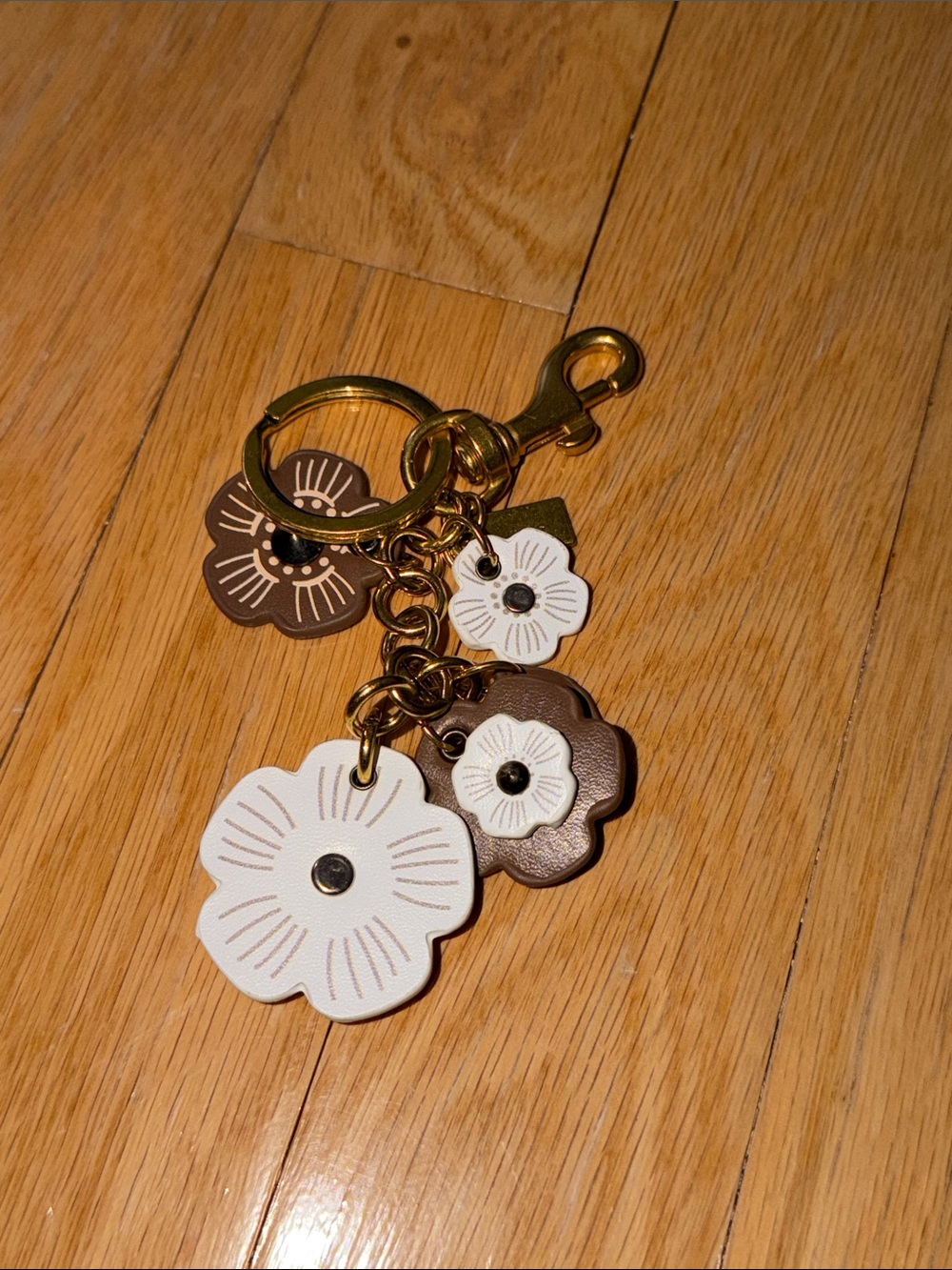 Floral Leather Keychain Charm - White & Brown